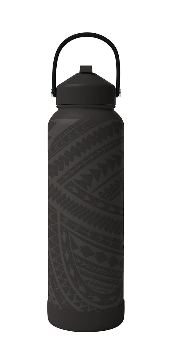 Monochrome Tribal Print - Neutral Stainless Steel Water Bottle with Straw